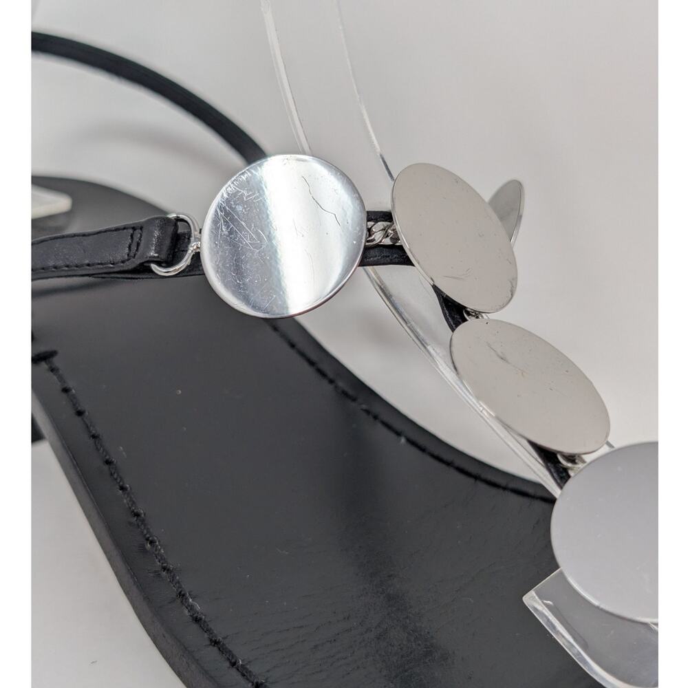 Tory Burch Black Leather Summer Sandals Silver Disc Heels Size 9 - Picture 8 of 16